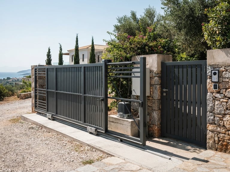 Wide shot of a modern automated gate in bright Mediterranean daylight, clean high-contrast tones, 35mm