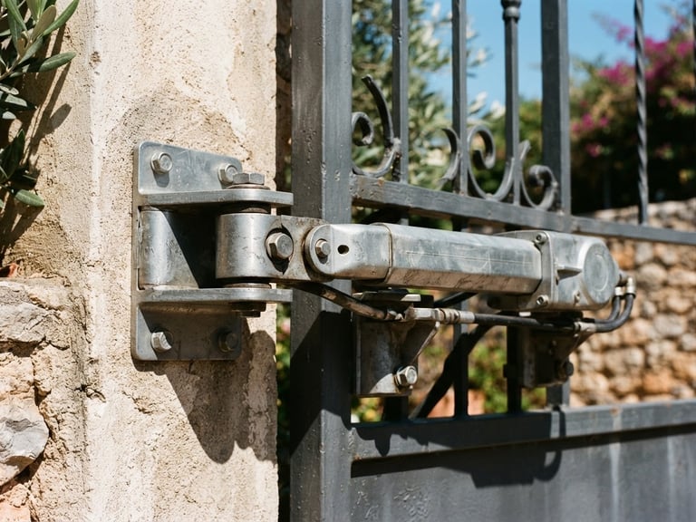 Close-up of a solid steel gate hinge and automatic motorization arm, bright Mediterranean sunlight, sharp metallic shadows, 35mm