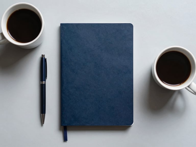 Overhead flat-lay of a minimalist dark blue notebook, a sleek pen, and a single cup of black coffee on a clean light gray desk, soft morning daylight, sharp shadows.
