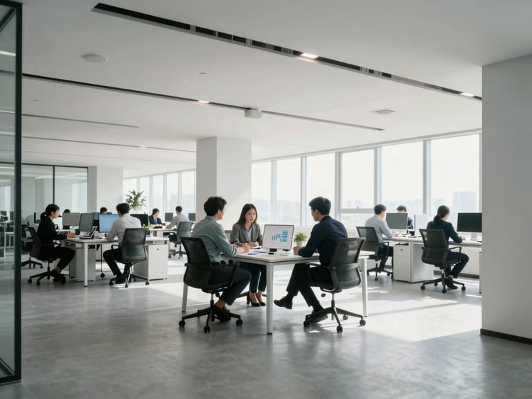 Spacious corporate office environment, professional collaboration around a table with charts, natural light, cool tones, 35mm