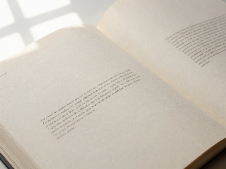 Tactile overhead flat-lay of an open hardcover book showing elegant serif typography on thick cream-colored archival paper, soft natural window light casting gentle shadows, 35mm photography
