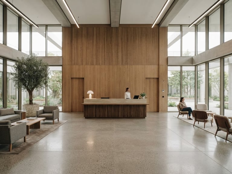 Wide-angle architectural interior photography of a modern commercial office lobby with straight-on perspective, soft diffused daylight, concrete floor, minimalist oak paneling.