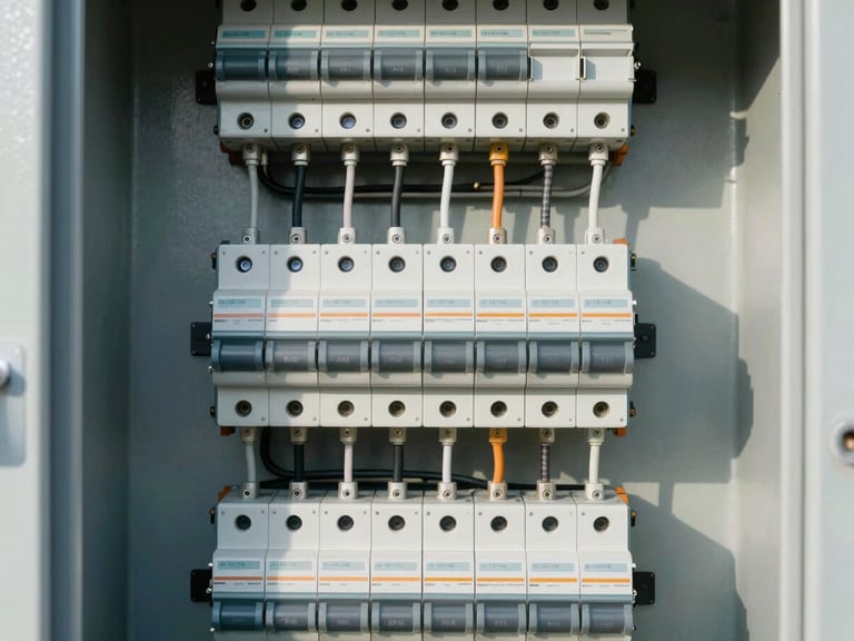 Tight macro shot of a complex industrial electrical panel, with clean, cool-toned utility lighting, showing intricate wiring and circuit breakers.
