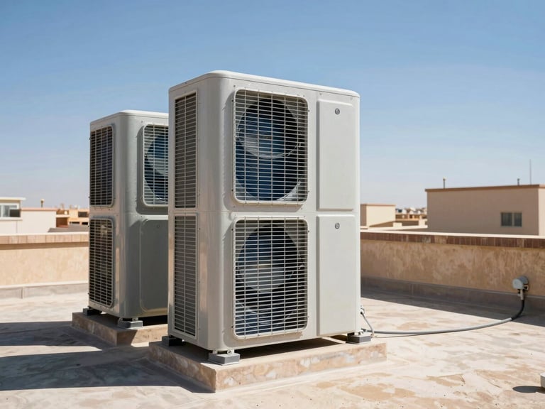 Wide shot of a large commercial HVAC unit on a rooftop in bright desert daylight, with clear blue sky and sharp shadows.
