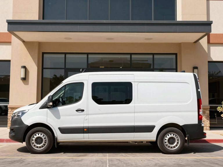 Branded service vehicle parked in front of a modern commercial building entrance with a secure access control keypad, sharp desert daylight.