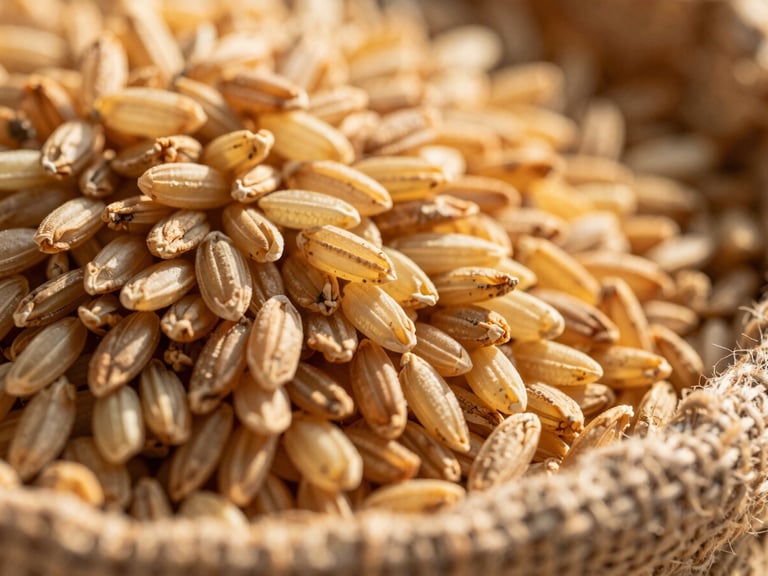 Macro close-up of rough-textured unpolished heritage rice grains in a rustic jute sack, warm golden-hour sunlight highlighting the organic textures, shallow depth of field