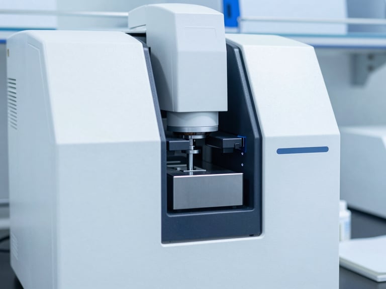 Crisp clinical photography of a high-performance liquid chromatography machine in a sterile white laboratory, cool blue tones, sharp focus, 50mm lens.