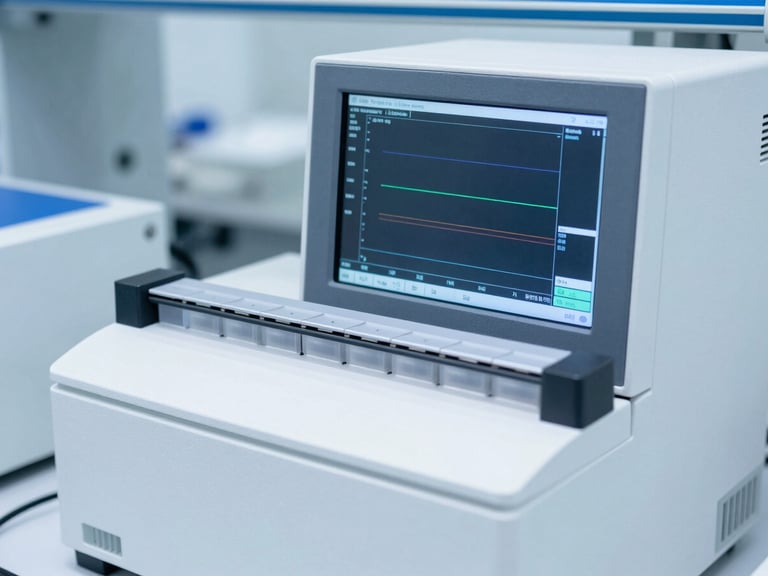 Crisp clinical photography of a high-performance liquid chromatography monitor displaying data in a sterile white laboratory, cool blue tones, sharp focus