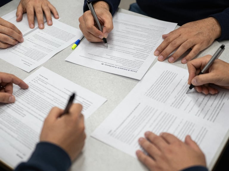 Close-up overhead shot of a seminar table during active use, printed course module sheets spread across the surface, multiple hands reaching for documents and writing simultaneously, institutional ballpoint pens and highlighters visible, harsh overhead fluorescent lighting, no faces in frame