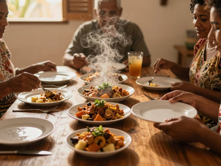 A wooden dining table laden with traditional Bahian dishes, steam rising, hands sharing plates, warm indoor lighting