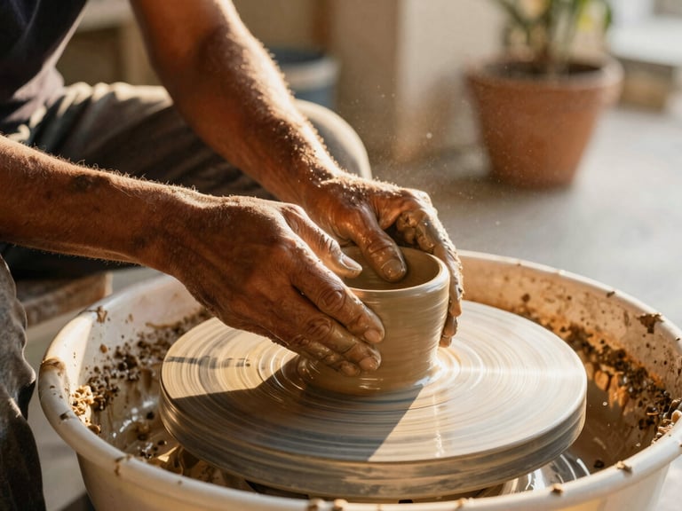 Candid close-up of hands working on a ceramic wheel in an open-air studio in Rio, warm afternoon light, dust motes in the air