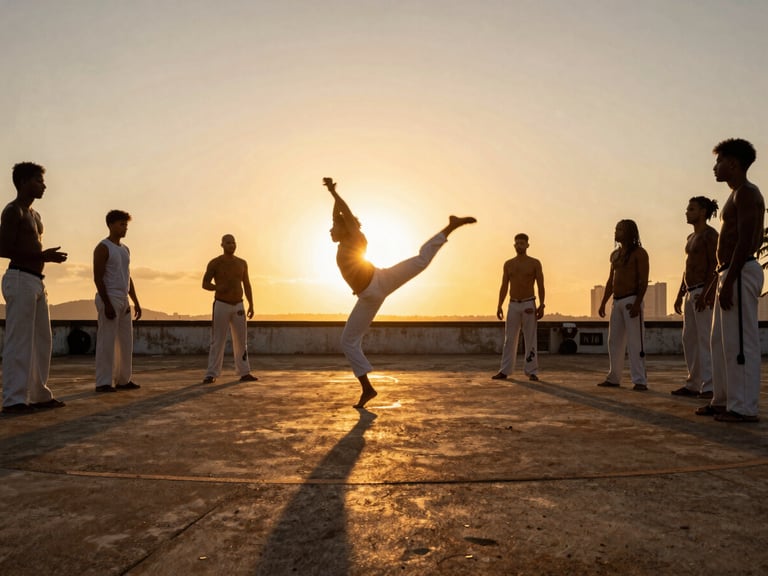 Atmospheric shot of a capoeira circle at sunset in Salvador, motion blur, deep shadows, warm golden glow