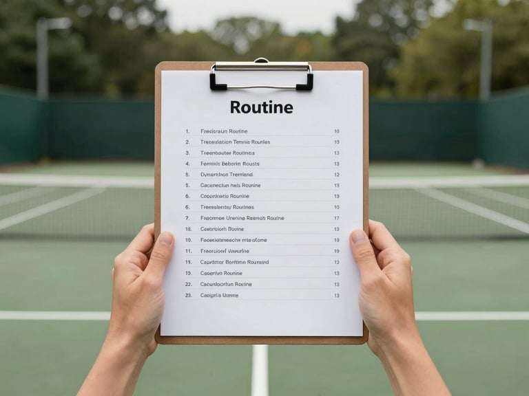 Hands holding a clipboard with a printed tennis routine sheet on a clay tennis court, bright natural daylight, forest green tones, 35mm