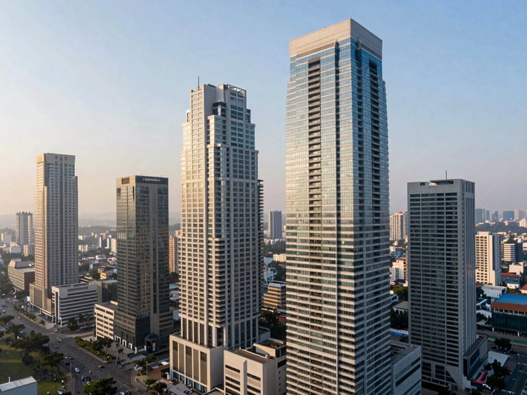 Panoramic wide aerial view of modern Mumbai high-rise geometry at sunrise, clean architectural lines, sharp shadows, negative space on the left.
