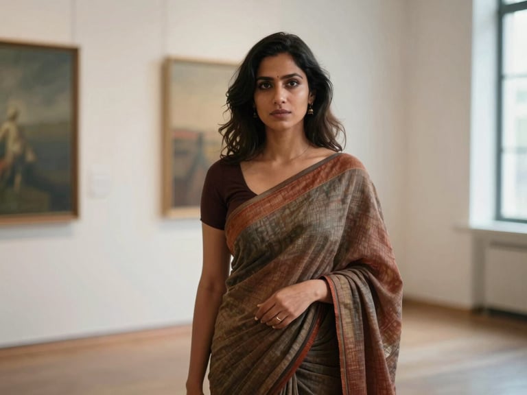 Woman in a handloom saree with a unique modern drape, standing in an art gallery, soft natural light, rich earthy tones, shallow depth of field, 35mm film texture