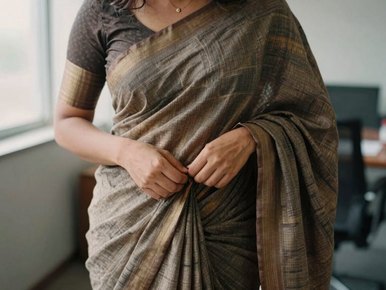 Close-up of a woman's hands adjusting a crisp handloom saree drape in a modern office setting, soft natural light, rich earthy tones, shallow depth of field, 35mm film texture