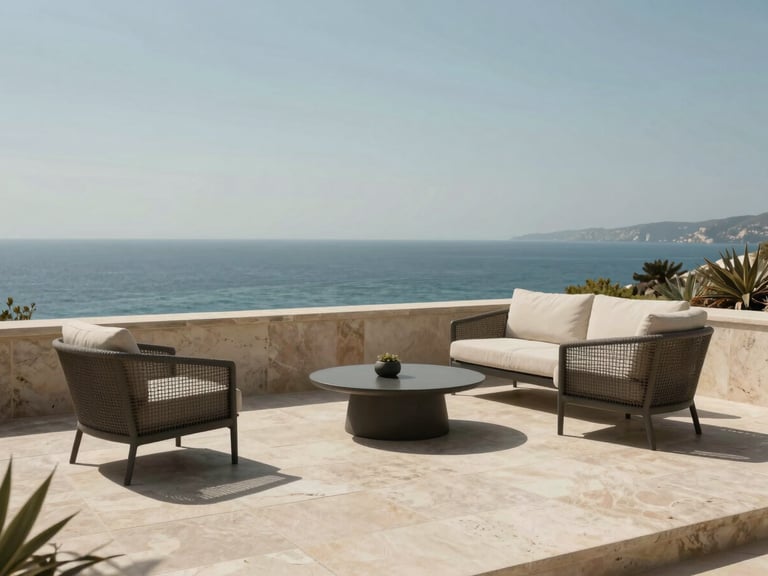 Sun-drenched luxury terrace with sea view, minimalist outdoor furniture, natural stone tiles, soft shadows, architectural digest style.