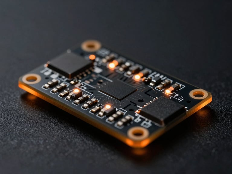 Macro details of a custom PCB board with glowing status LEDs, sharp orange edge-lighting, dark obsidian background, 85mm