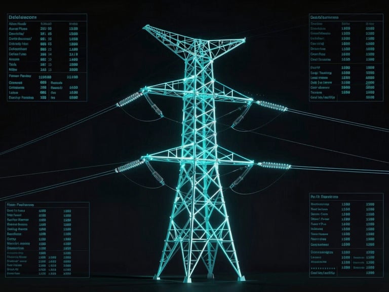 Schematic overlay of a digital twin model of a power transmission tower, glowing electric cyan lines, dark obsidian background, technical data readouts.