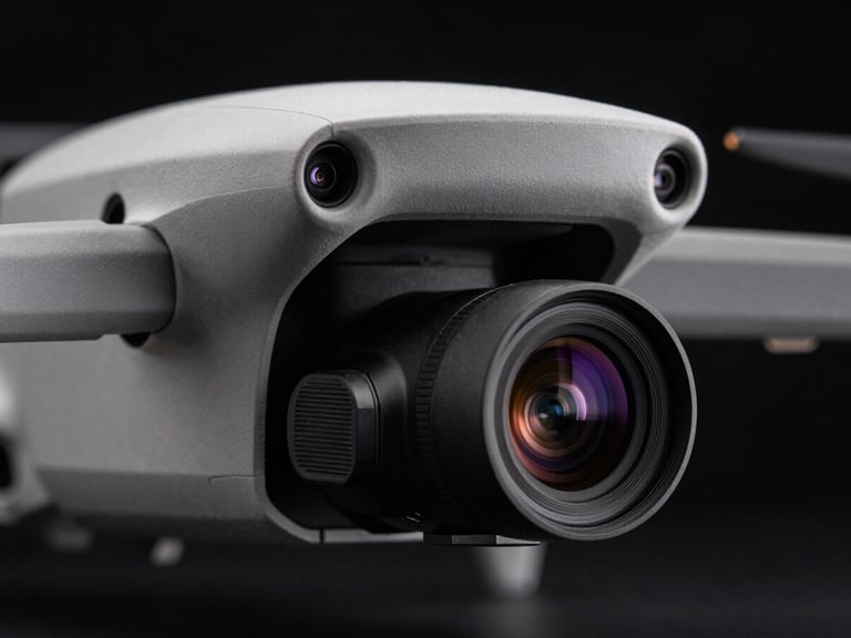 Close-up macro shot of a drone sensor array, high-resolution camera lens, thermal imaging components, sharp edge-lighting, dark obsidian background.