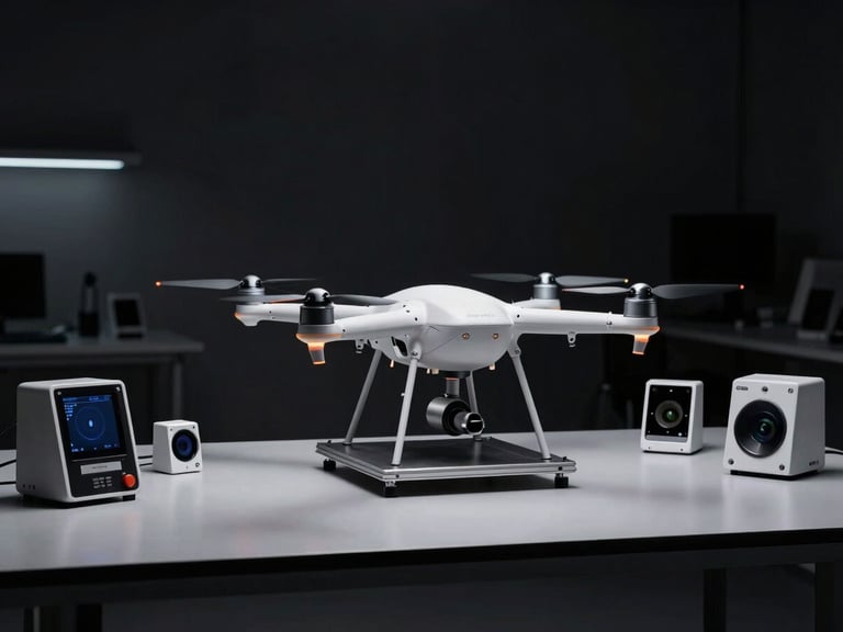 Wide clean laboratory environment with a Hilmi AeroBotics UAV on a test stand, surrounded by advanced sensors and calibration equipment, low-key dramatic studio lighting, 85mm