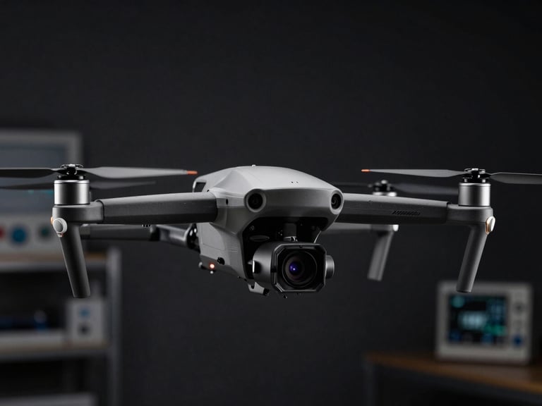 Low-key dramatic product photography of a drone sensor array, high-contrast details, dark laboratory background, 85mm