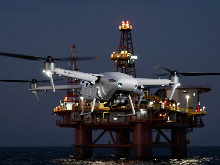 Low-angle heroic product shot of a Hilmi AeroBotics industrial UAV performing an inspection flight near an offshore oil rig at twilight, sharp technical edge-lighting, telemetry overlay, 85mm