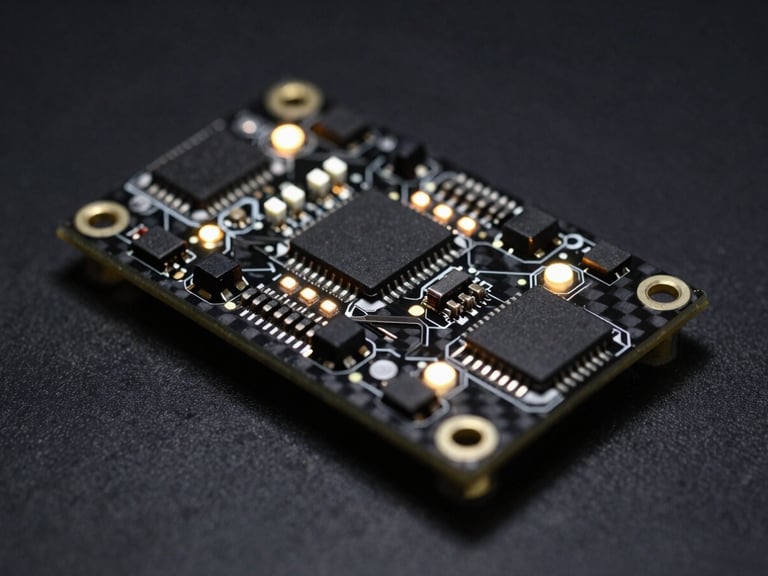 Close-up macro shot of a custom PCB board with glowing status LEDs, integrated into a carbon-fiber airframe, sharp technical edge-lighting, dark obsidian background, high-contrast details, 85mm