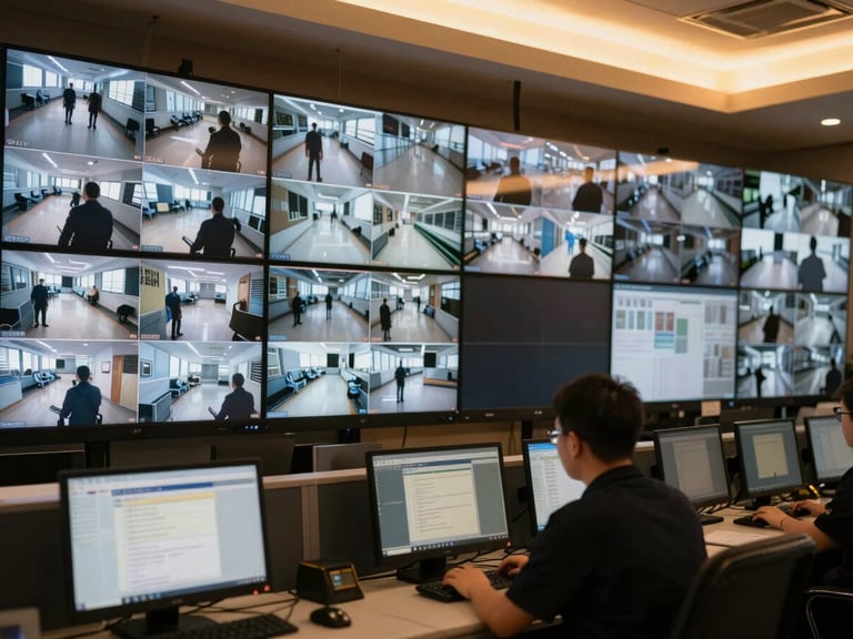 Close-up of a security monitoring center with multiple screens displaying surveillance feeds, a professional operator at a console, warm golden-hour interior light, rich amber tones, sharp focus, high-end architectural style