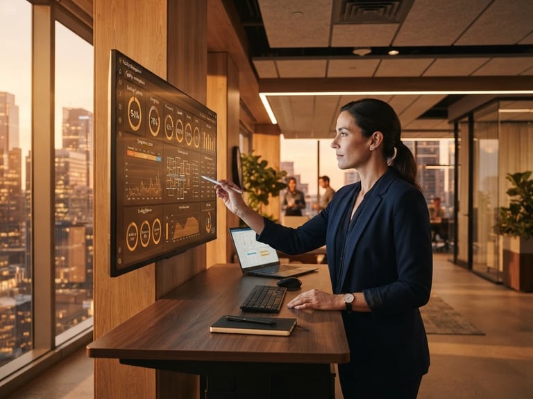 Professional facility manager reviewing digital dashboard in a modern, warm-lit corporate office, soft amber tones, high-end architectural style, sharp focus.