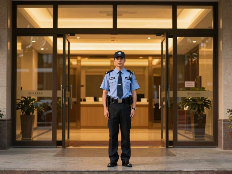 Professional security guard in a clean, branded uniform, standing vigilant at a corporate entrance, warm golden-hour interior light, rich amber tones, sharp focus, high-end architectural style