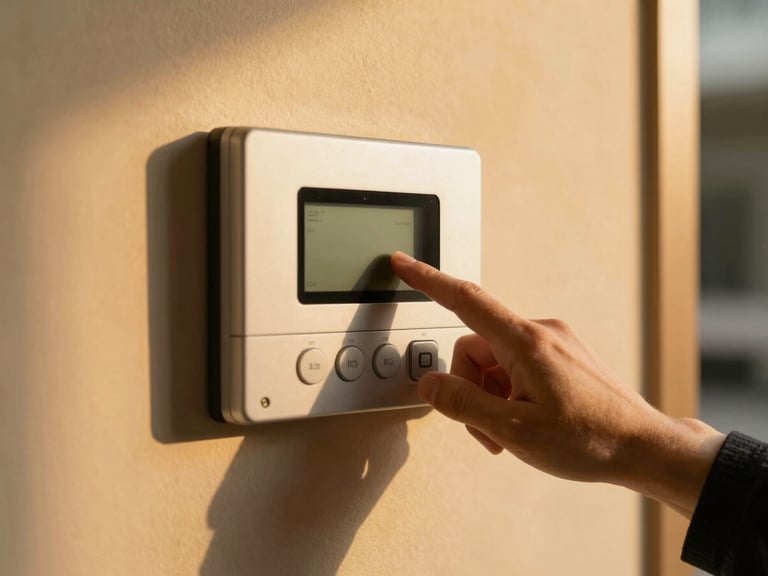 Close-up of a modern alarm system panel integrated into a wall, with a security professional's hand interacting with it, warm golden-hour interior light, rich amber tones, sharp focus, high-end architectural style
