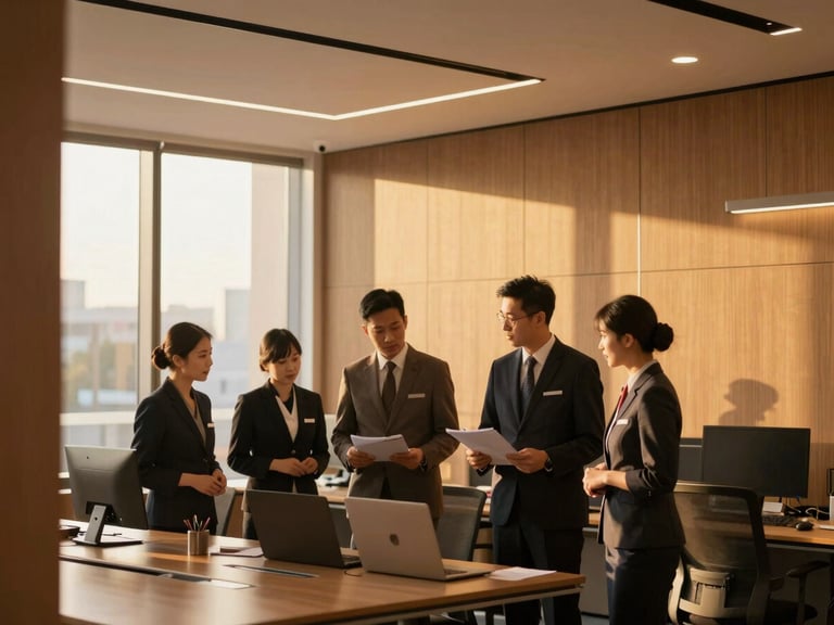 Professional staff in clean, branded uniform, collaborating in a modern office, warm editorial corporate photography, golden-hour interior light.