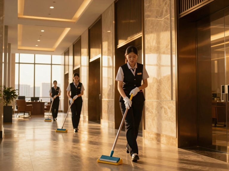 Housekeeping professional in branded uniform, cleaning a high-end office space, golden-hour interior light, rich amber tones.