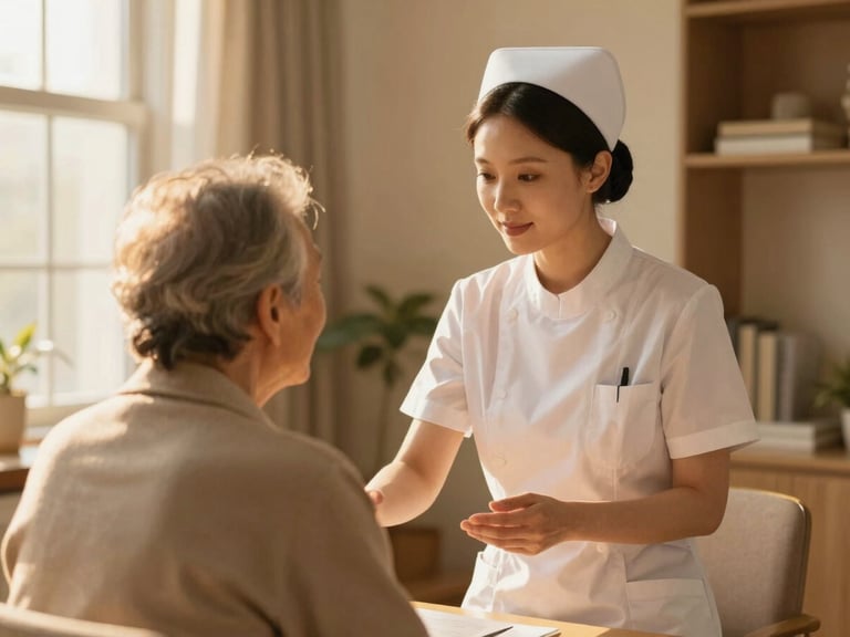 Nurse in clean, branded uniform, interacting gently with an elderly patient in a warm, well-lit room, high-empathy care, golden-hour interior light.