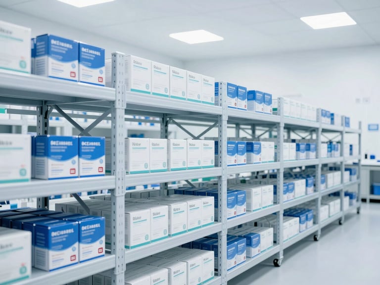 High-key clinical shot of state-of-the-art pharmaceutical warehouse logistics, organized blue and white boxes on clean steel racks, sterile lighting