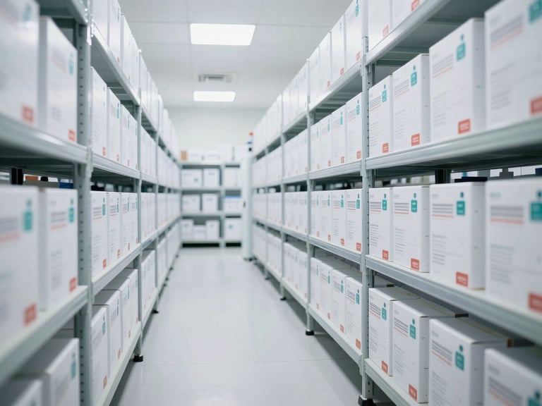 Modern temperature-controlled pharmaceutical warehouse logistics, clean organized rows of medical boxes, bright high-key lighting, professional distribution setting, 50mm lens.