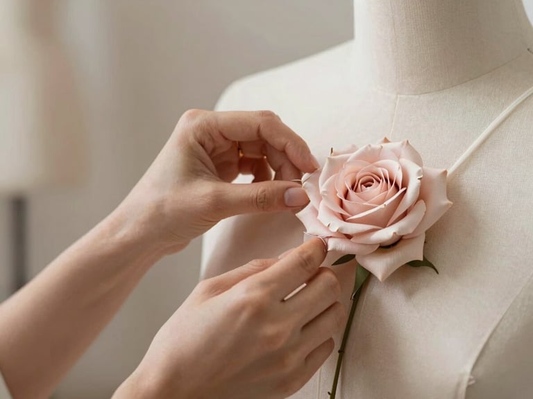 Close-up of a designer's hands carefully pinning a delicate blush rose fabric on a mannequin, soft natural light, editorial composition