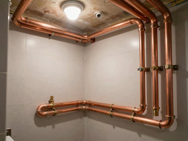 Wide environmental frame inside a luxury villa bathroom under construction, copper and PVC pipes neatly routed along tiled walls, studio-quality overhead lighting revealing clean bends and secure brackets, no people visible, sharp detail on fittings