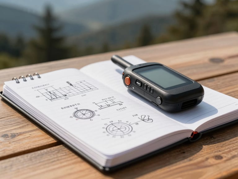 Tight macro shot of a field notebook with technical drawings and a GPS receiver on a wooden desk, crisp natural daylight, sharp focus.
