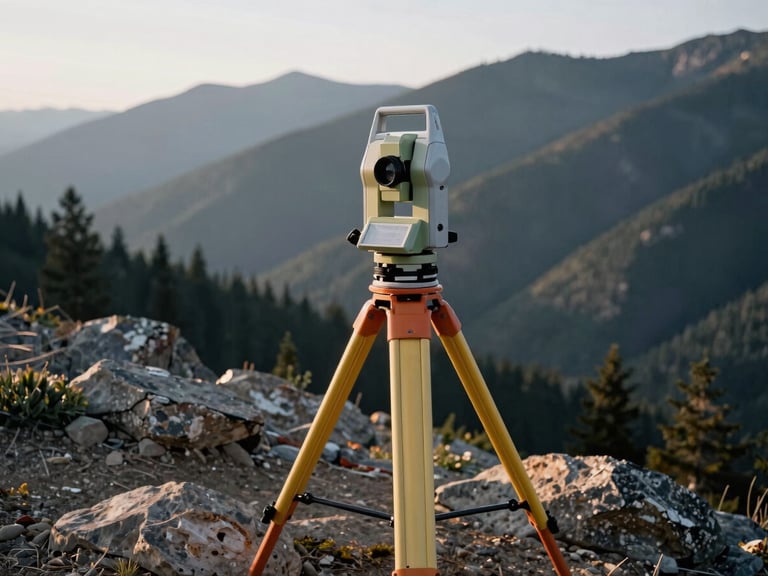 Modern total station surveying equipment set up on a rugged Montana mountain slope at sunrise, crisp natural daylight, muted forest tones, sharp focus.