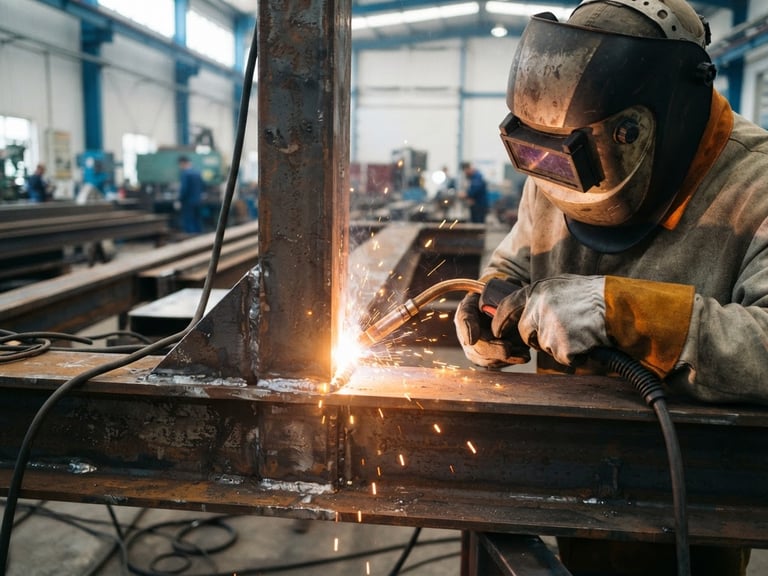 Close-up of a heavy industrial steel frame being welded in a bright workshop, sparks flying, technical blue tones, sharp focus, 35mm lens