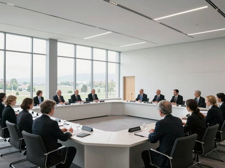 A wide environmental shot of a modern diplomatic summit room in Geneva, high-key natural light pouring through large windows, clean minimalist design.