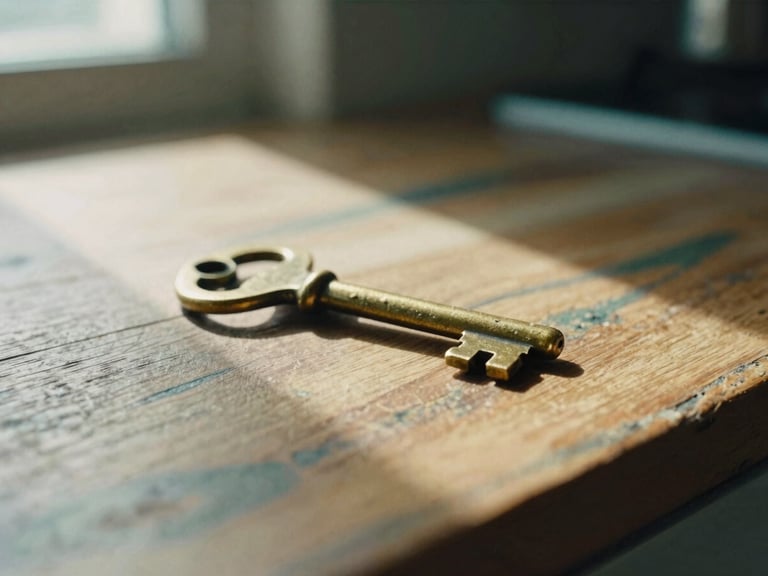 Macro close-up of a tarnished brass key resting on a weathered wooden kitchen table, soft directional window light creating long dramatic shadows, shallow depth of field