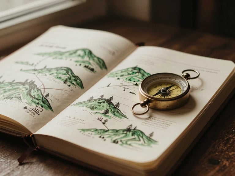 A close-up of an open antique notebook with hand-drawn maps of mist-covered hills, a vintage compass resting on the page, warm sepia tones, 35mm film style