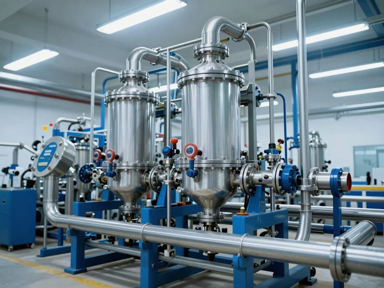 Industrial filtration system with complex pipework in a factory setting, cool fluorescent lighting.