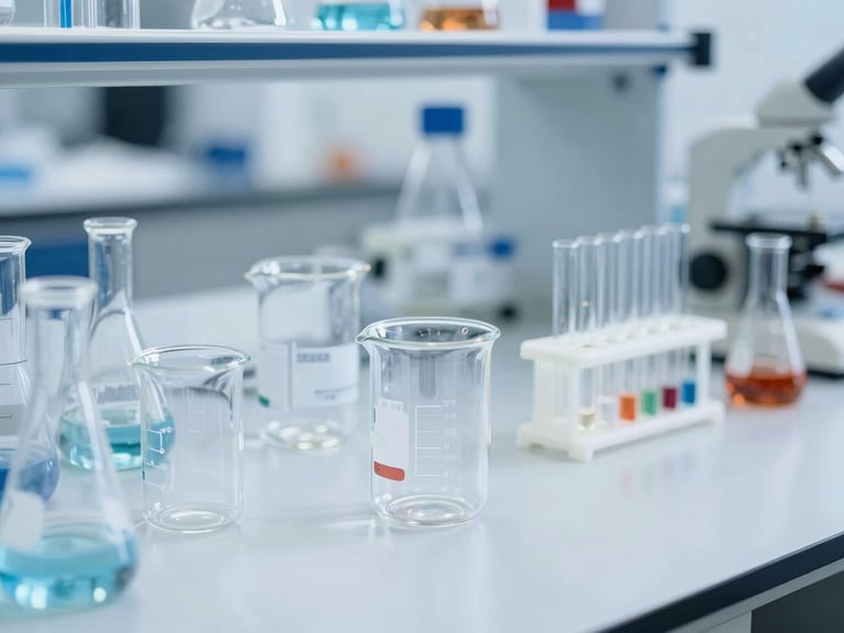 Laboratory workbench with various beakers and scientific glassware, focused on a chemical reaction, cool lab lighting.