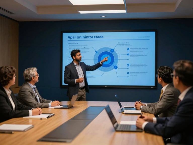 Medium-wide environmental shot of Apar Jain presenting a digital transformation blueprint to university executives in a modern conference room, dramatic side lighting, shallow depth of field.