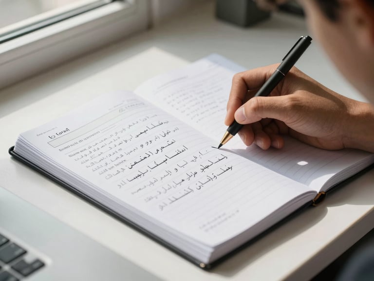 Close-up of a student's hand writing structured Arabic notes in a well-organized notebook on a clean desk, printed course outline visible beside it, natural window light from the left, crisp midday daylight, no faces visible