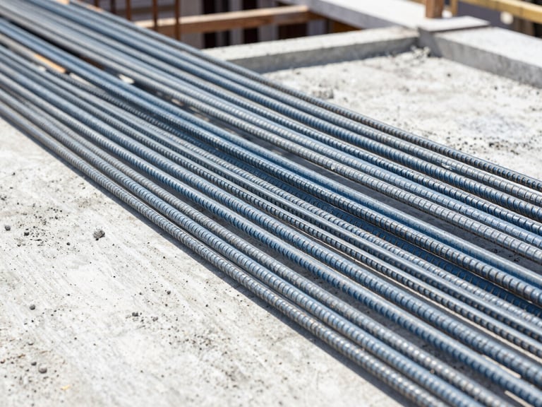 Close-up of steel reinforcement bars and concrete structure on an active construction site, bright natural daylight, engineering precision